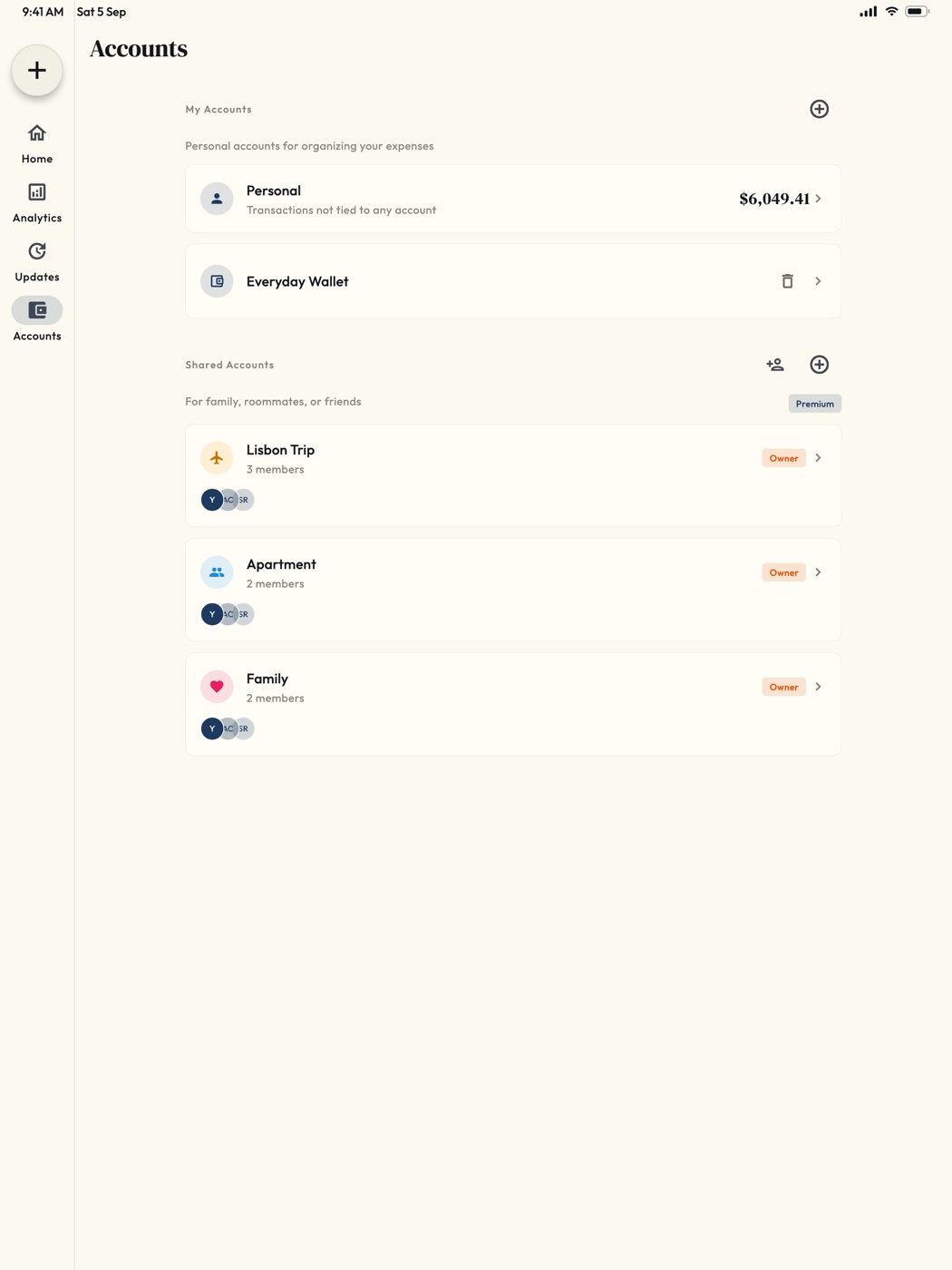 Shared Accounts screen on Notch for iPad