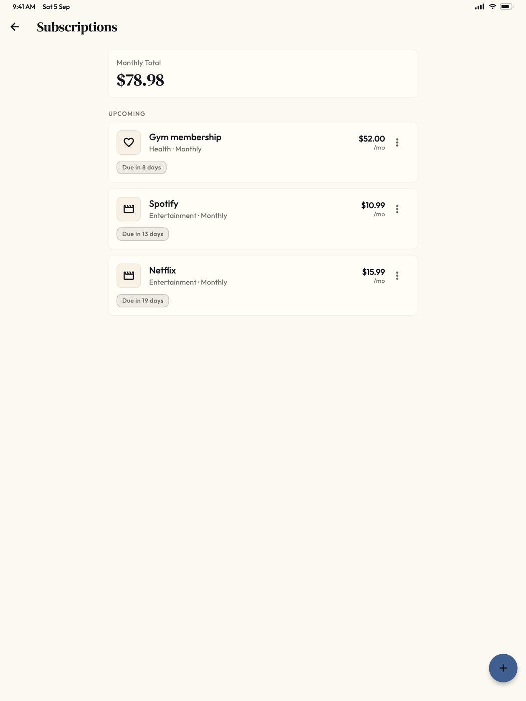 Subscription tracking screen on Notch for iPad