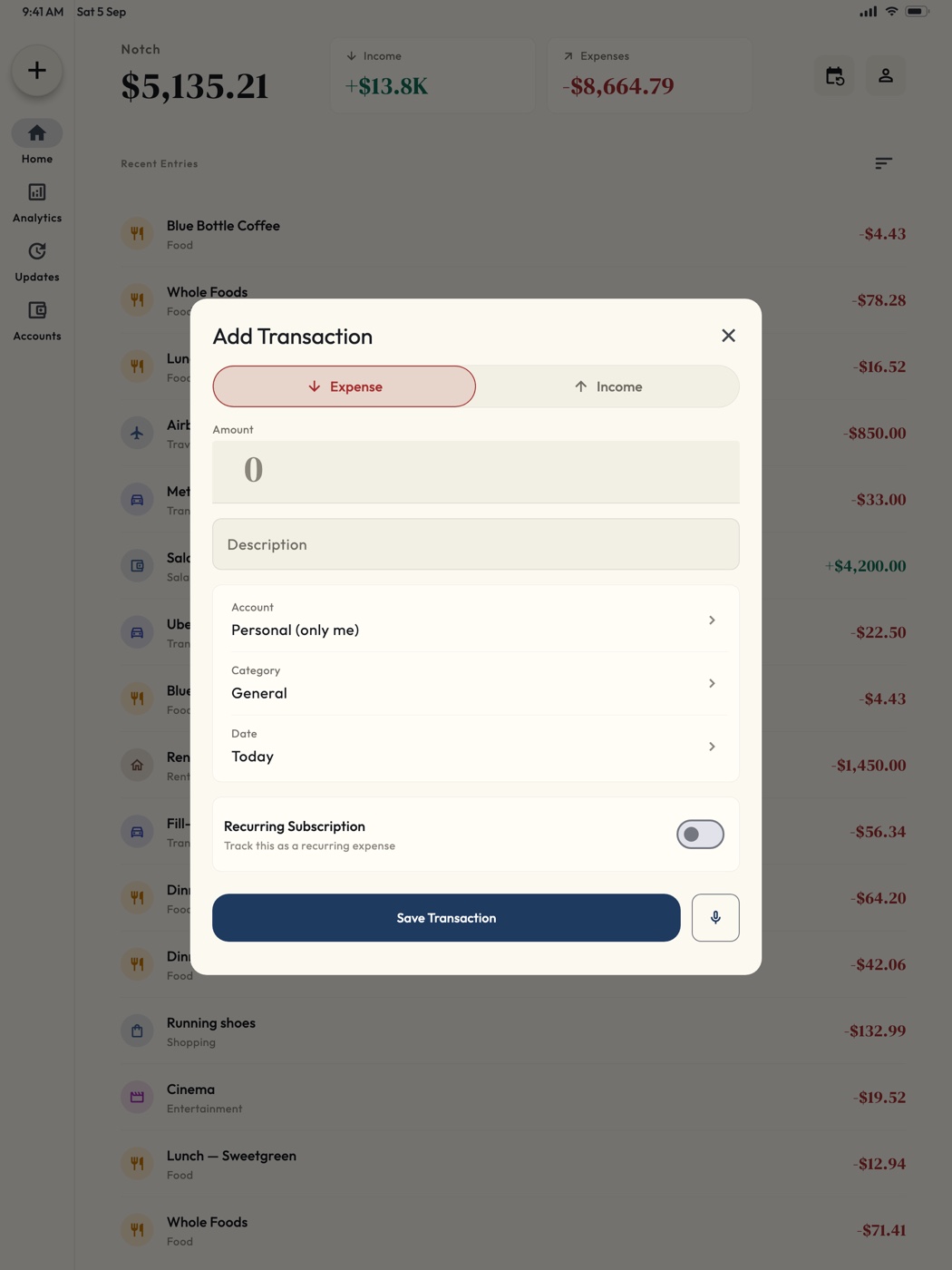 Add Transaction form on Notch for iPad