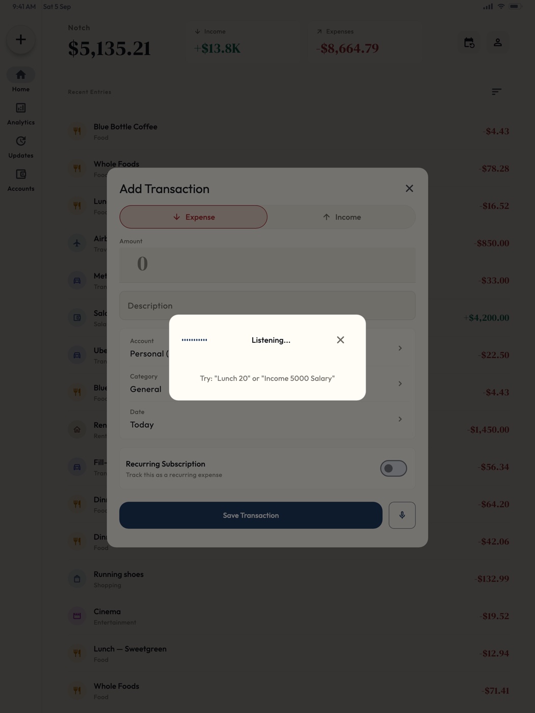 Voice transaction entry on Notch for iPad