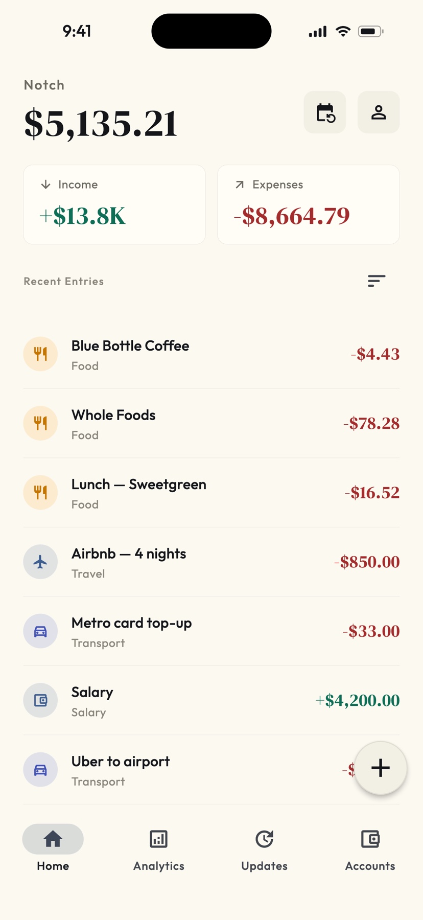 Notch dashboard showing income, expenses, and recent transactions